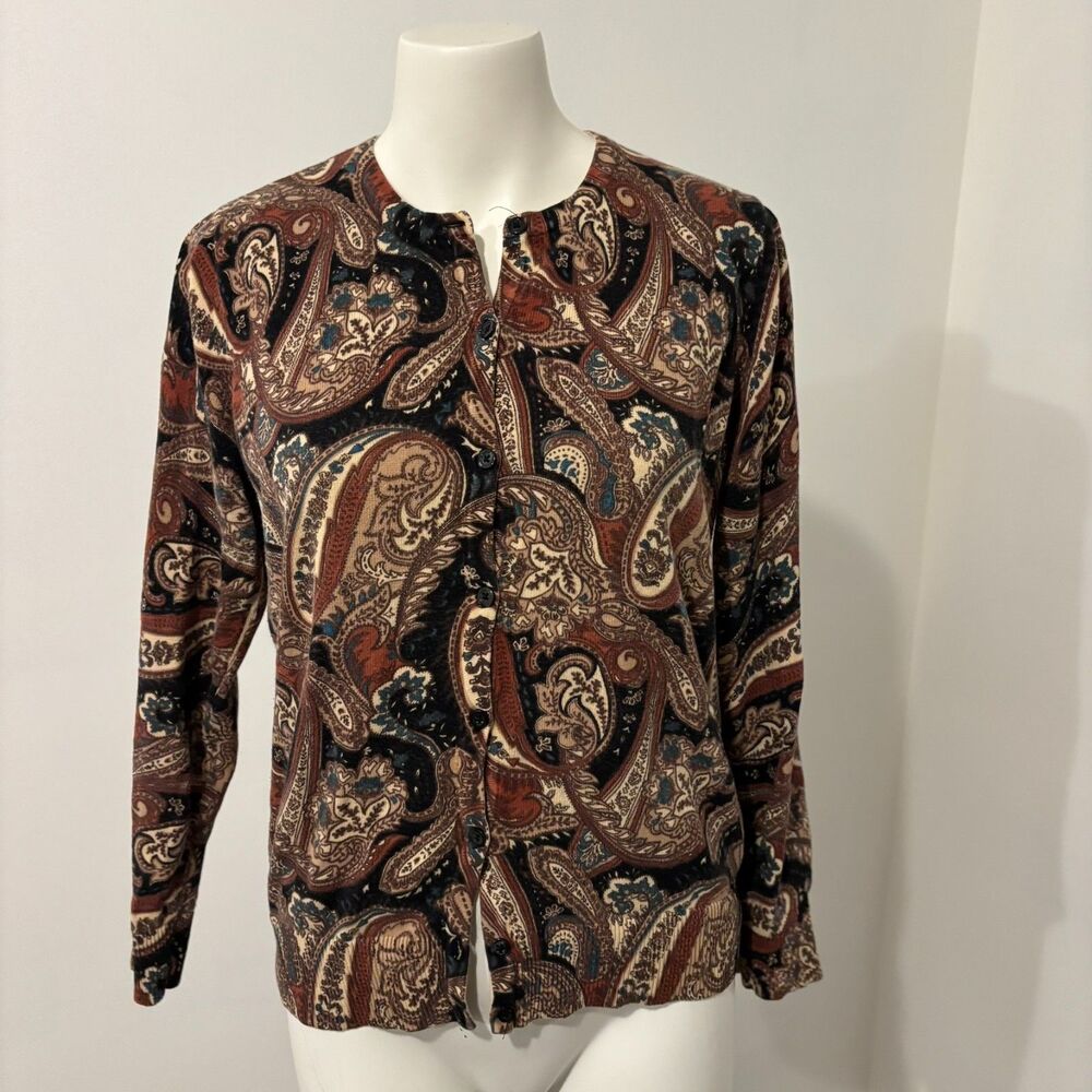 Croft and Barrow size Medium 100% Cotton Brown Neutral Paisley Print Cardigan